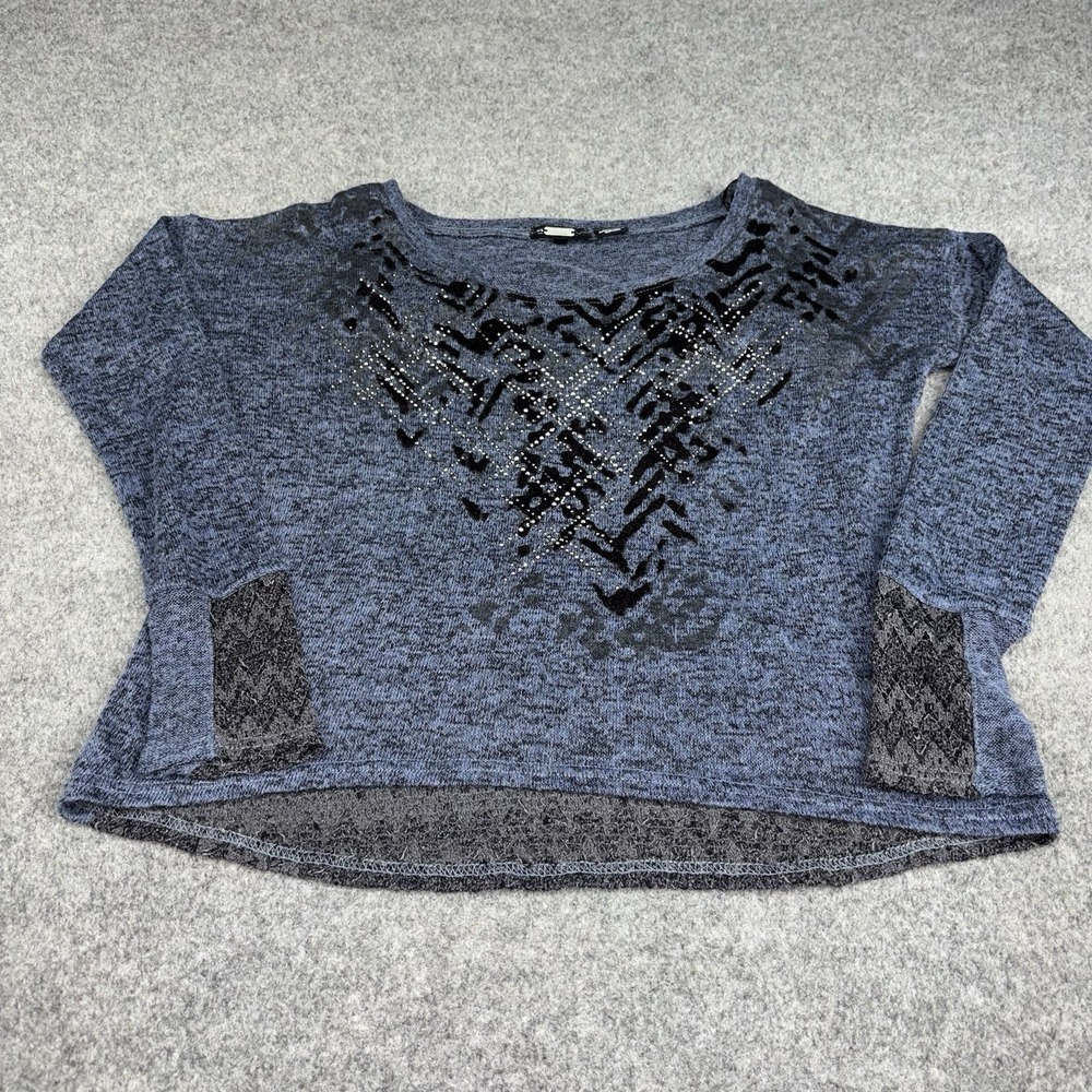 Miss Me Sweater Womens Small Blue Rhinestone Sequin Embellished Hi Low Pullover